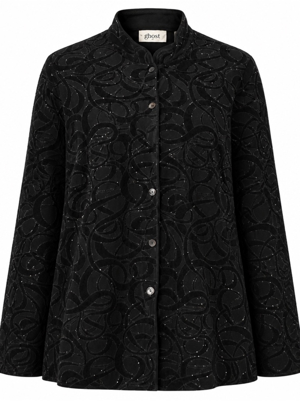 Chico's Black Embellished Swirl Velvet  Button Down Shirt Sz L pearl buttons